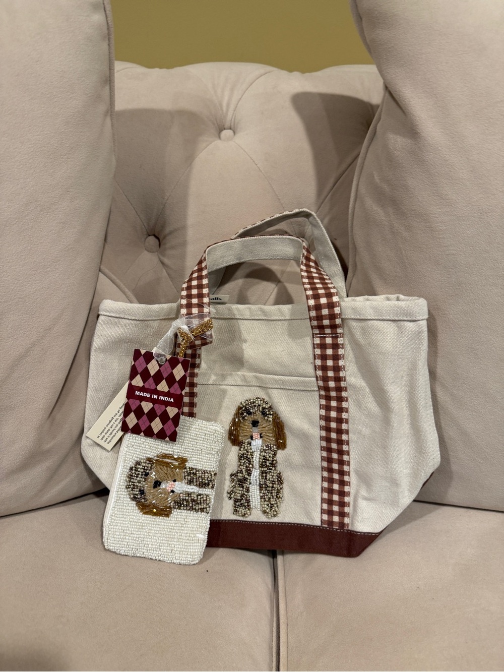 MADE IN INDIA BEADED Doodle Canvas Tote Bag - Cream & Brown